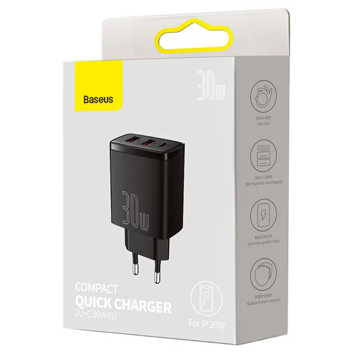 بسته‌بندی شارژر همراه 30W بیسوس مدل Compact Quick Charger USB-C+USB3.0 CCXJ-E01