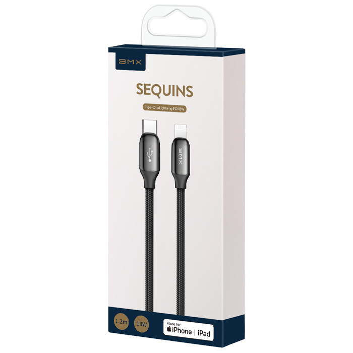 بسته‌بندی کابل بیسوس Lightning به USB-C مدل BMX Sequins MFi Certified CATLLP-A01 با طول 1.2 متر