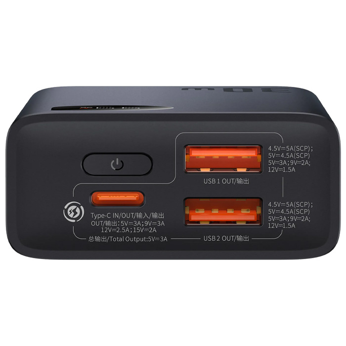 نمای درگاه‌های شارژ پاوربانک بیسوس 30W مدل PPAD040101 Adaman2 Digital Display