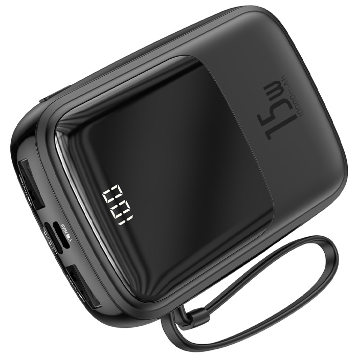 نمای درگاه‌های شارژ پاوربانک بیسوس 15W مدل PPQD-B01 Qpow Digital Display در رنگ مشکی