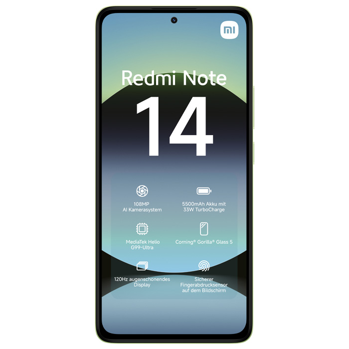 صفحه نمایش گوشی موبایل شیائومی Redmi Note 14 در رنگ سبز لیمویی