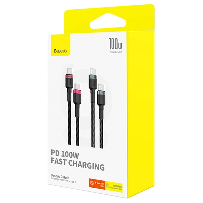 بسته‌بندی کابل بیسوس 100 وات USB-C به USB-C مدل Cafule Charging Cable P10318306003 با طول 1 متری پک 2 عددی