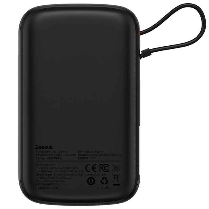 نمای پشتی پاوربانک بیسوس 20W مدل PPQD060001 Qpow Pro Overseas Edition با ظرفیت 10000 میلی آمپر ساعت در رنگ مشکی
