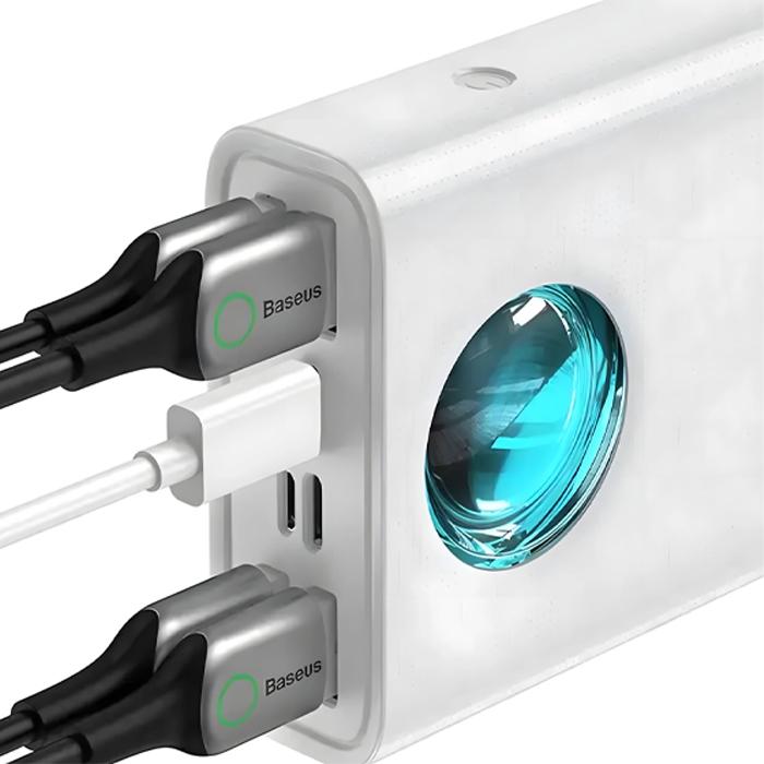 نمای درگاه‌های شارژ پاوربانک بیسوس 65W مدل PPLG000102 Amblight با ظرفیت 30000 میلی آمپر ساعت در رنگ سفید