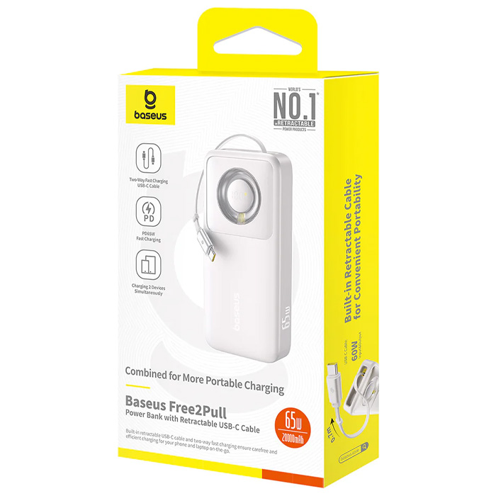 بسته‌بندی پاوربانک بیسوس 65W مدل P10073700843 Free2Pull Power Bank با ظرفیت 20000 میلی آمپر ساعت