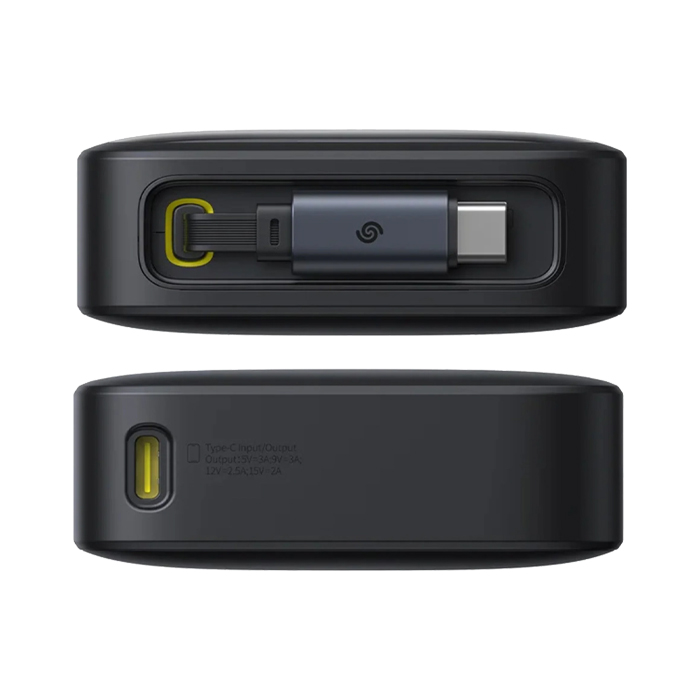 نمای بالا و پایین پاوربانک بیسوس 30W مدل P10073701123 Free2Pull Power Bank با ظرفیت 10000 میلی آمپر ساعت در رنگ مشکی