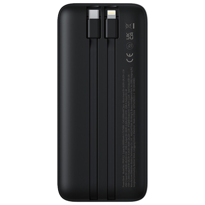 نمای پشت پاوربانک بیسوس 22.5W مدل P10079102123 Lipow Dual-Cable با ظرفیت 20000 میلی آمپر ساعت در رنگ مشکی