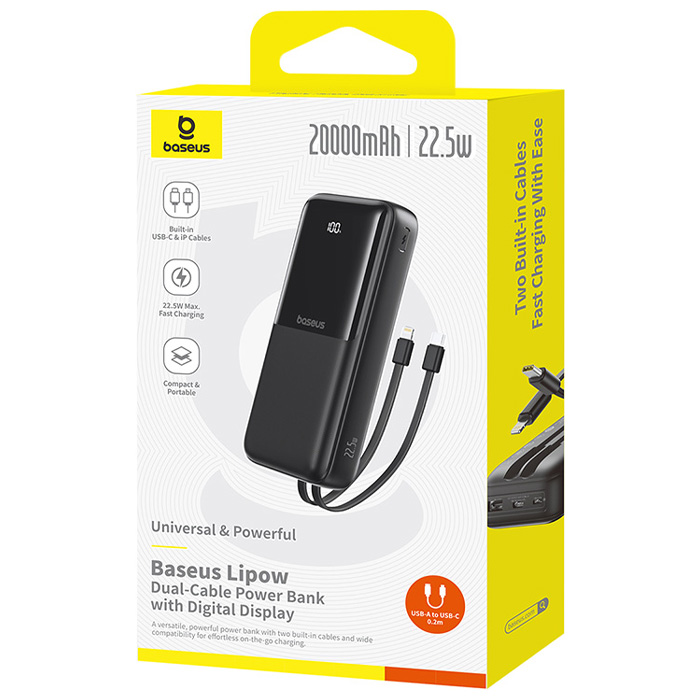 بسته‌بندی پاوربانک بیسوس 22.5W مدل P10079102123 Lipow Dual-Cable با ظرفیت 20000 میلی آمپر ساعت