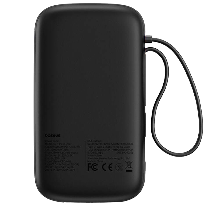 نمای پشتی پاوربانک بیسوس 30W مدل P10055009213 QPow 2 Digital Display با ظرفیت 20000 میلی آمپر ساعت در رنگ مشکی