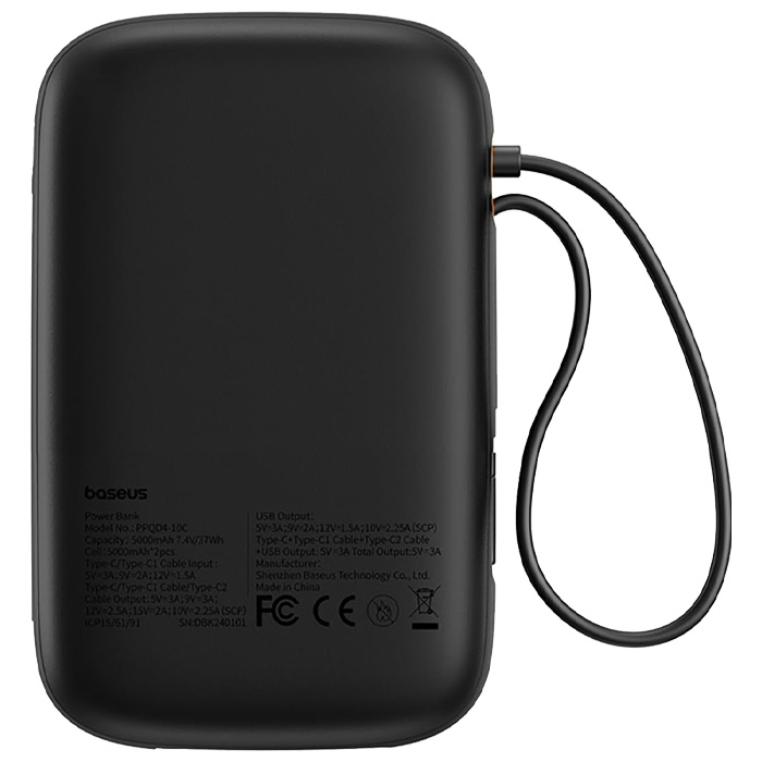 نمای پشتیه پاوربانک بیسوس 30W مدل P10055008113 QPow 2 Digital Display با ظرفیت 10000 میلی آمپر ساعت در رنگ مشکی