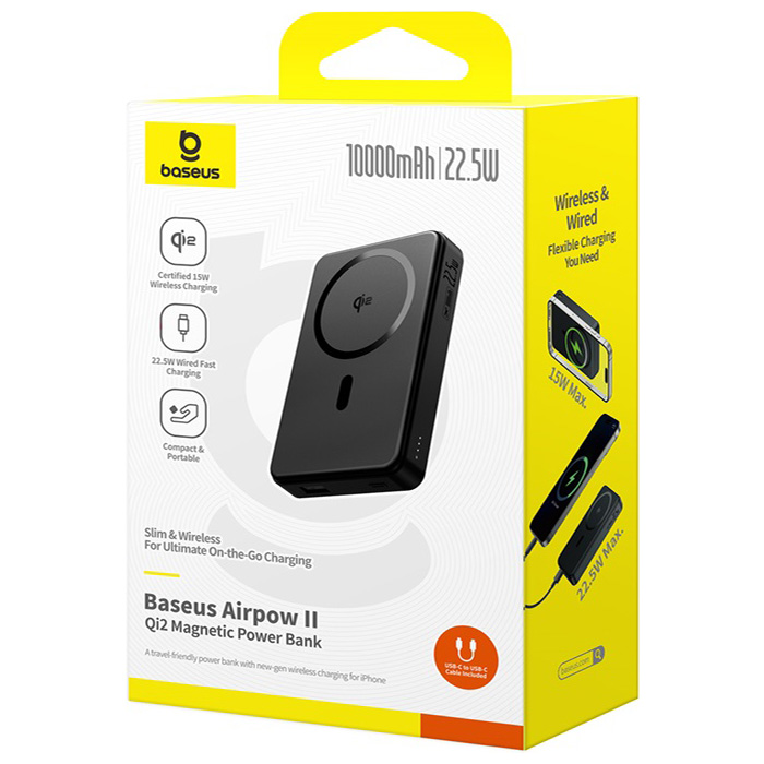 بستهبندی پاوربانک بیسوس 22.5W مدل P10080000123 Airpow Qi2 Magnetic با ظرفیت 10000 میلی آمپر ساعت