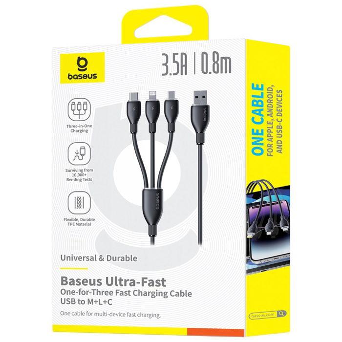 بسته بندی کابل بیسوس 3.5 آمپر مدل Ultra-Fast 3 in 1 P10376303121-01 در رنگ مشکی